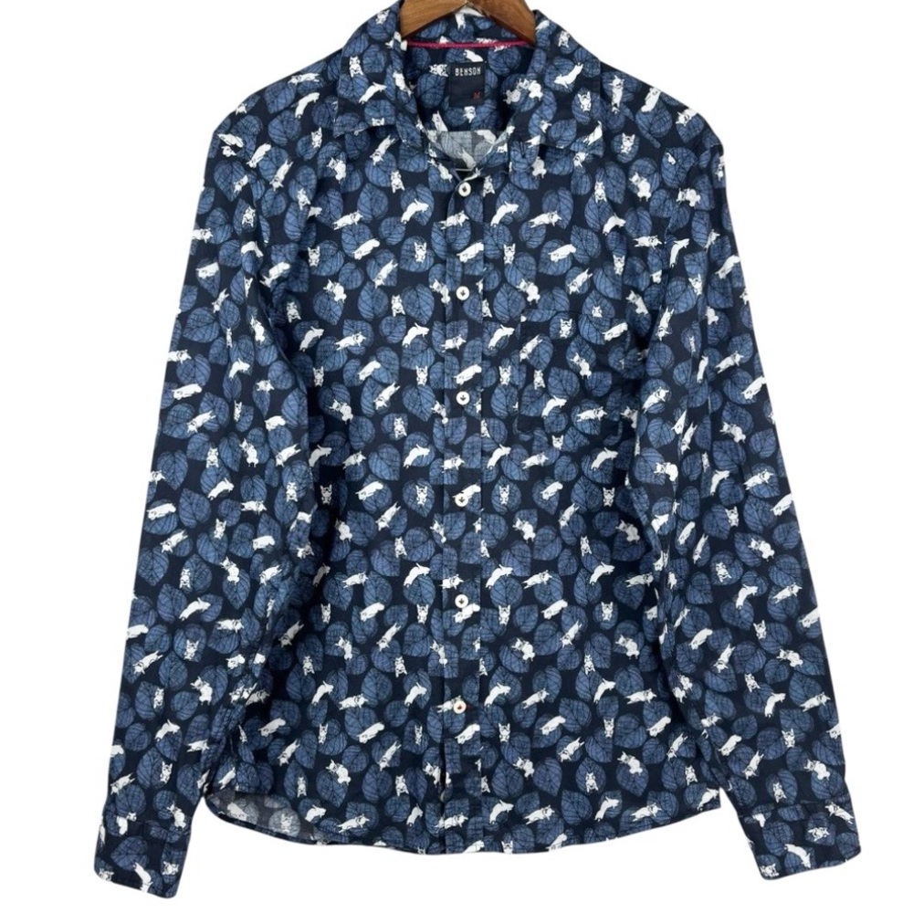 Benson 2 Shades of Blue & All Over White Posing Dog Print Cotton Dress Shirt M